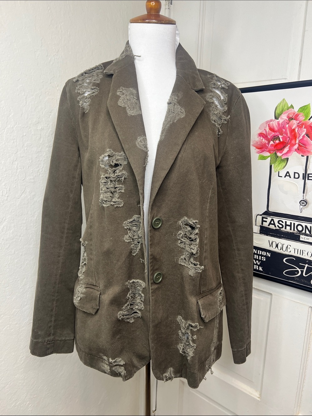 NWT Carmar Olive Green Distressed Blazer Jacket Size S